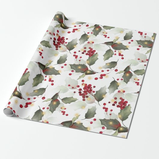 メリークリスマスレッドホリーベリー金ゴールドライト ラッピングペーパー (アンロールド)