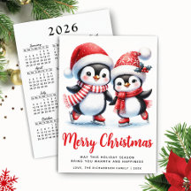 メリークリスマスレッドホワイトおもしろい氷スケートで滑るペンギン