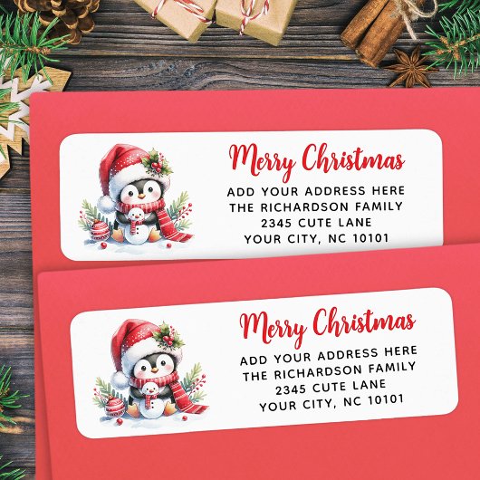 メリークリスマスレッドホワイトキュートペンギンカスタム ラベル