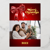 メリークリスマスレッドボウのレトロな写真金ゴールド 箔シーズンカード (正面)