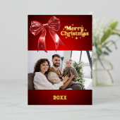 メリークリスマスレッドボウのレトロな写真金ゴールド 箔シーズンカード (立ち正面)