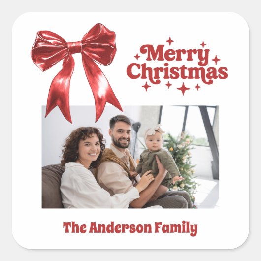 メリークリスマスレッドボウのレトロな写真 スクエアシール (正面)
