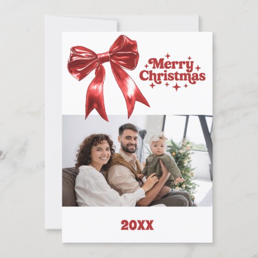メリークリスマスレッドボウのレトロフォトカード シーズンカード (正面)
