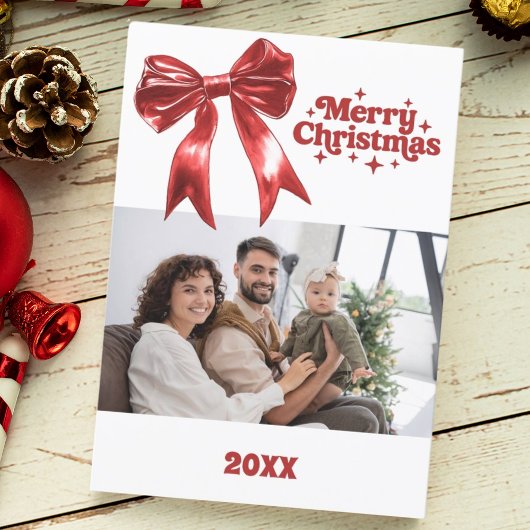 メリークリスマスレッドボウのレトロフォトカード シーズンカード