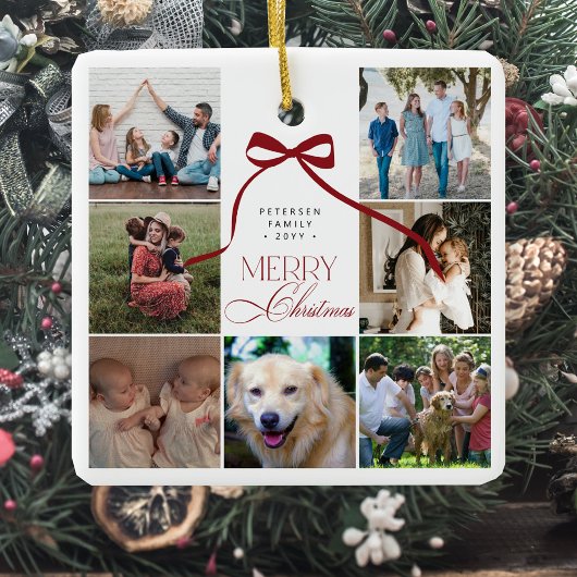 メリークリスマスレッドボウカスタムフォトコラージュ セラミックオーナメント