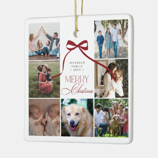 メリークリスマスレッドボウカスタムフォトコラージュ セラミックオーナメント (左)