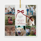 メリークリスマスレッドボウカスタムフォトコラージュ セラミックオーナメント (裏面)