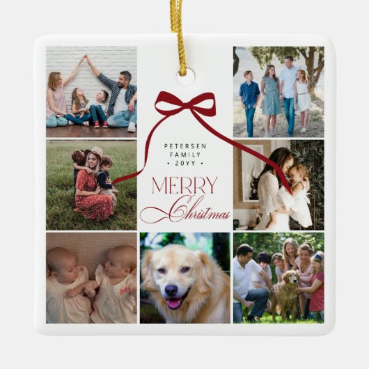 メリークリスマスレッドボウカスタムフォトコラージュ セラミックオーナメント (正面)