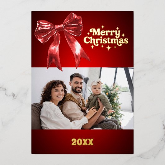 メリークリスマスレッドボウ写真金ゴールド年レビュー 箔シーズンカード (正面)