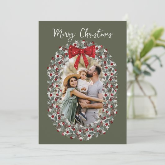 メリークリスマスレッドボウ家族写真 シーズンカード (スタンド正面)