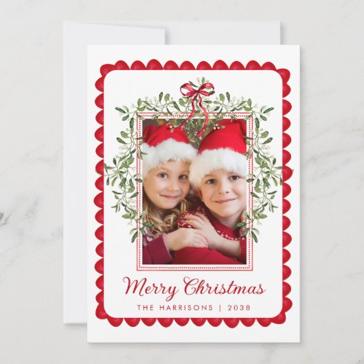 メリークリスマスレッドボウ緑の水彩写真 シーズンカード (正面)