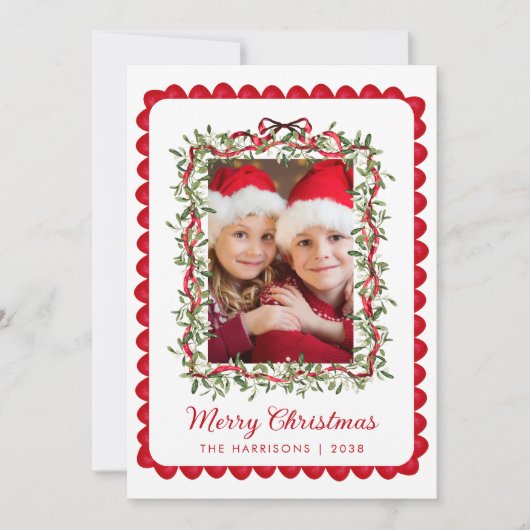 メリークリスマスレッドボウ緑の水彩写真 シーズンカード (正面)