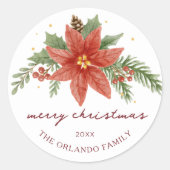 メリークリスマスレッドボタニカルポインセチア ラウンドシール (正面)