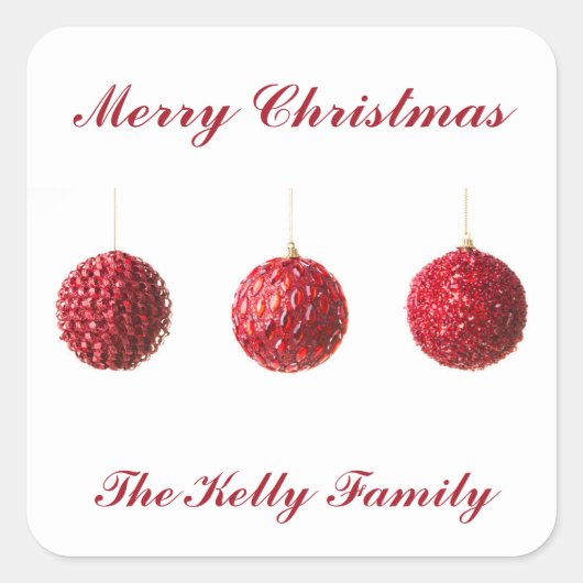 メリークリスマスレッドボールの文字 スクエアシール (正面)