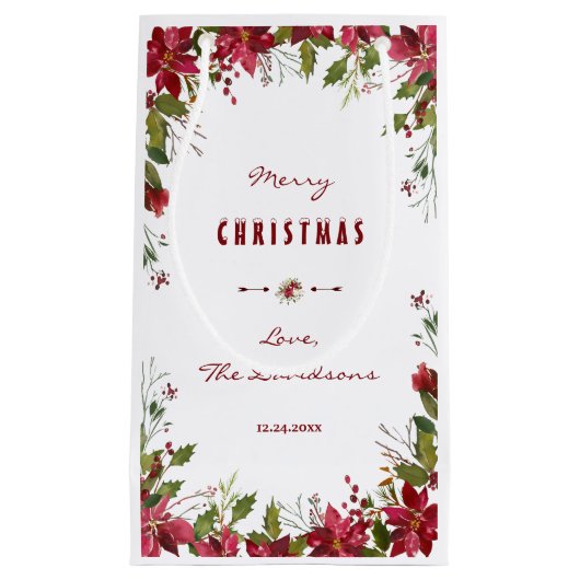 メリークリスマスレッドポインセチアのフレーム スモールペーパーバッグ (正面)