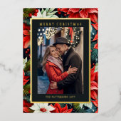メリークリスマスレッドポインセチアフローラ写真 箔シーズンカード (正面)
