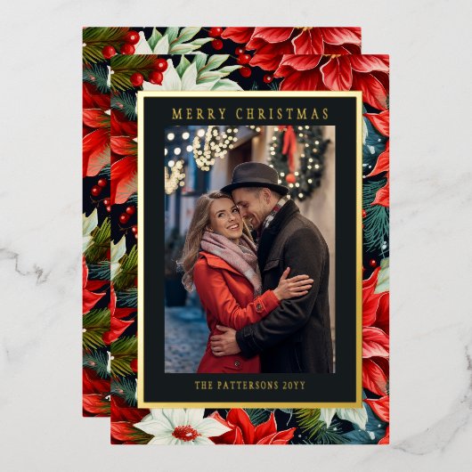 メリークリスマスレッドポインセチアフローラ写真 箔シーズンカード (正面/裏面)