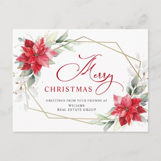 メリークリスマスレッドポインセチア企業のグリーティング ポストカード (正面)