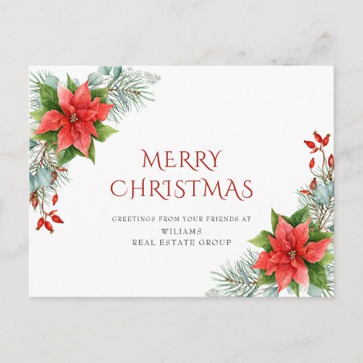 メリークリスマスレッドポインセチア企業のグリーティング ポストカード (正面)