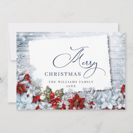 メリークリスマスレッドポインセチア素朴ウッド シーズンカード (正面)