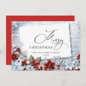 メリークリスマスレッドポインセチア素朴ウッド シーズンカード (正面/裏面)