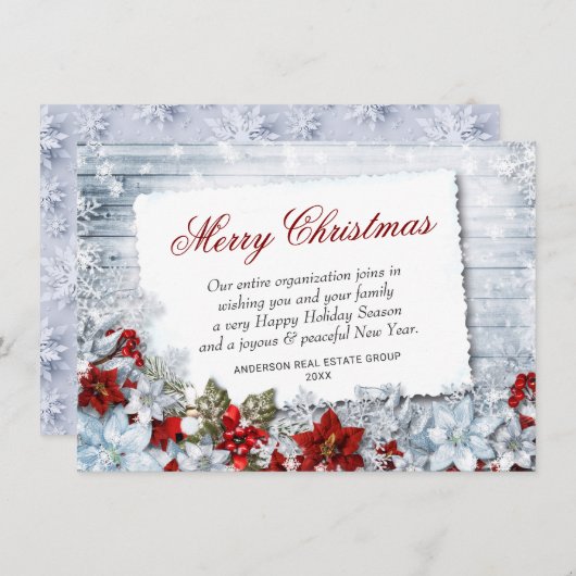 メリークリスマスレッドポインセチア素朴 シーズンカード (正面/裏面)