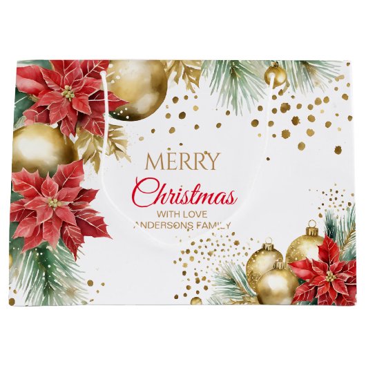 メリークリスマスレッドポインセチア金ゴールドのボーブル ラージペーパーバッグ (正面)