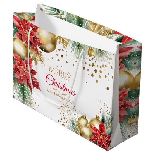 メリークリスマスレッドポインセチア金ゴールドのボーブル ラージペーパーバッグ (正面アングル)