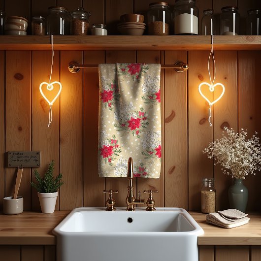 メリークリスマスレッドポインセチア キッチンタオル