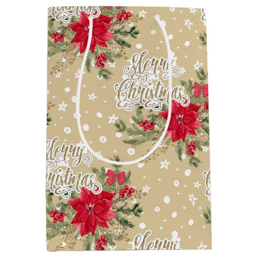 メリークリスマスレッドポインセチア ミディアムペーパーバッグ (正面)