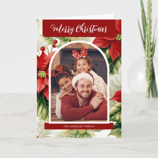 メリークリスマスレッドポインセティアスパーソナライズされたの写真 シーズンカード (正面)