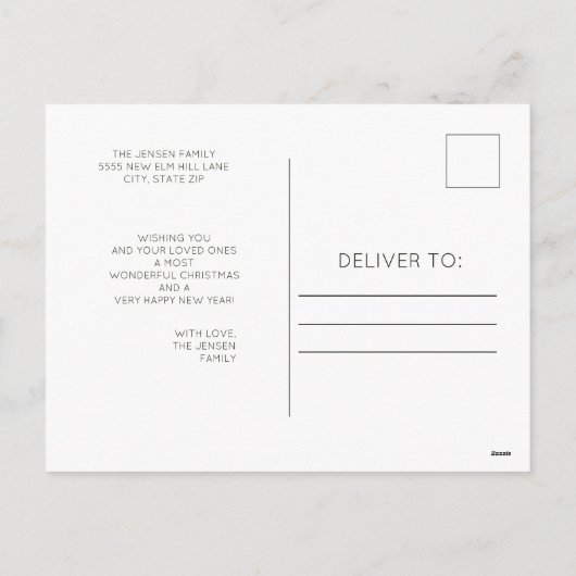 メリークリスマスレッドポインセティアスモダンホワイト シーズンポストカード (裏面)