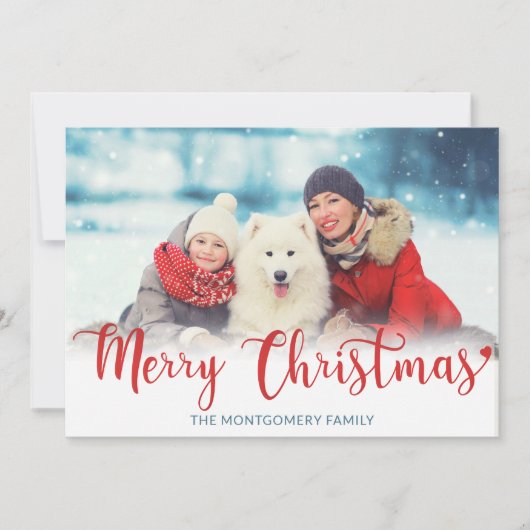 メリークリスマスレッドモダンスクリプトフォトブルー シーズンカード (正面)