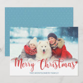 メリークリスマスレッドモダンスクリプトフォトブルー シーズンカード (正面/裏面)