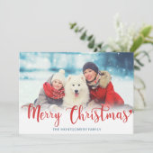 メリークリスマスレッドモダンスクリプトフォトブルー シーズンカード (スタンド正面)