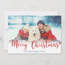 メリークリスマスレッドモダンスクリプトフォトブルー シーズンカード