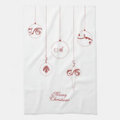メリークリスマスレッドモノグラムバウブルオーナメント キッチンタオル (縦)