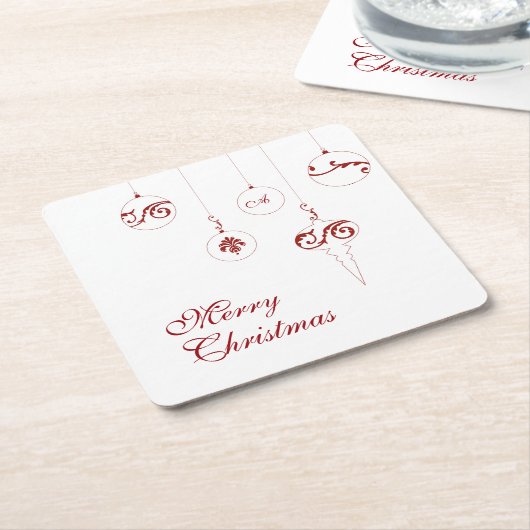 メリークリスマスレッドモノグラムバウブルオーナメント スクエアペーパーコースター (アングル)