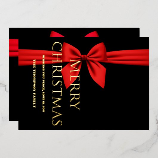 メリークリスマスレッドリボンかわいい 箔シーズンカード (正面/裏面)