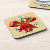 メリークリスマスレッドリボンホリーリーフ コースター (左側)