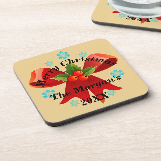 メリークリスマスレッドリボンホリーリーフ コースター (左側)