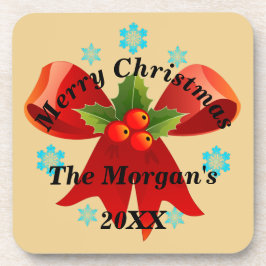 メリークリスマスレッドリボンホリーリーフ コースター