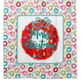 メリークリスマスレッドリースレトロクリスマス シャワーカーテン