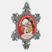 メリークリスマスレッドレース写真 スノーフレークピューターオーナメント (左)