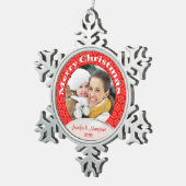 メリークリスマスレッドレース写真 スノーフレークピューターオーナメント (右)