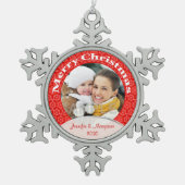 メリークリスマスレッドレース写真 スノーフレークピューターオーナメント (正面)