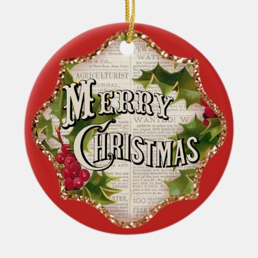 メリークリスマスレッドヴィンテージスパークルフェイクホリデー セラミックオーナメント (正面)