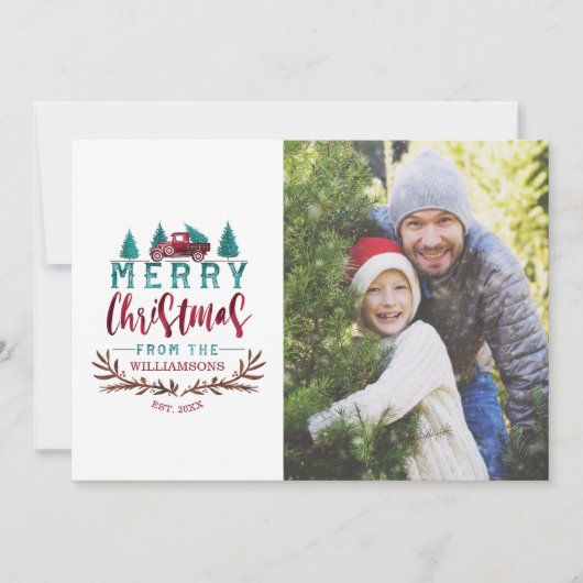 メリークリスマスレッドヴィンテージトラックツリーファームフォト シーズンカード (正面)