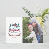 メリークリスマスレッドヴィンテージトラックツリーファームフォト シーズンカード (スタンド正面)