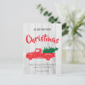 メリークリスマスレッドヴィンテージトラックツリーホリデー シーズンポストカード (スタンド正面)
